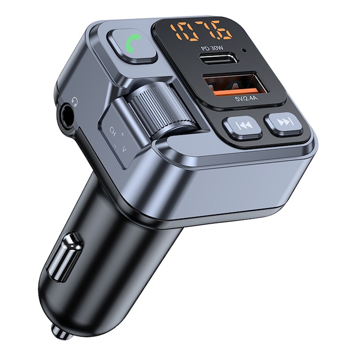 Bluetooth 5.1 FM modulátor, Darmowade, Autós töltő gyorstöltő funkcióval 30w, Call HandFree, USB Type-C port, AUX csatlakozó