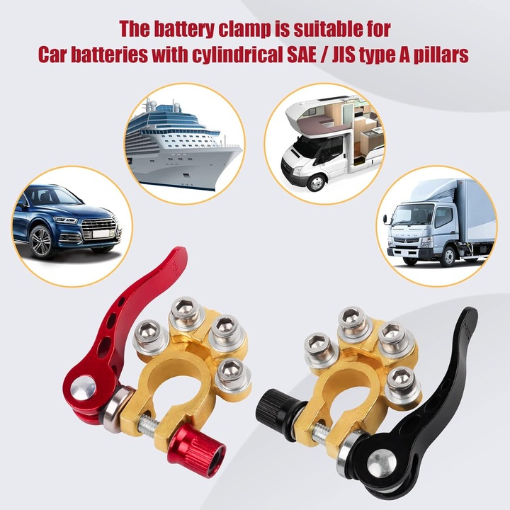 Комплект от две професионални клеми, Aisdelu®, автомобилен акумулатор, с четири клеми и бързо освобождаващи се скоби, 2 антикорозионни шайби, медни, многоцветни