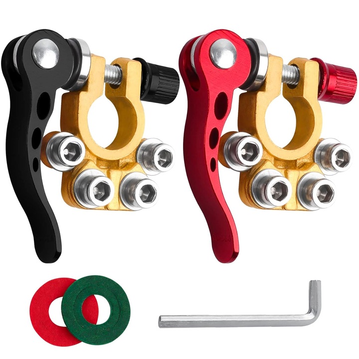 Комплект от две професионални клеми, Aisdelu®, автомобилен акумулатор, с четири клеми и бързо освобождаващи се скоби, 2 антикорозионни шайби, медни, многоцветни