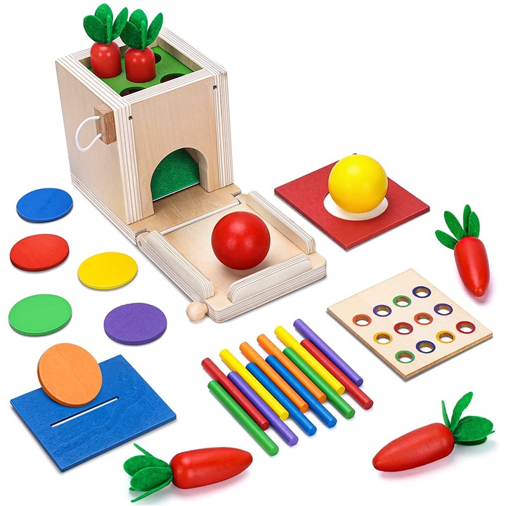 Joc educativ Montessori 4 in 1 Cutia Permanentei, indemanare si sortare, multicolor, Toyska®