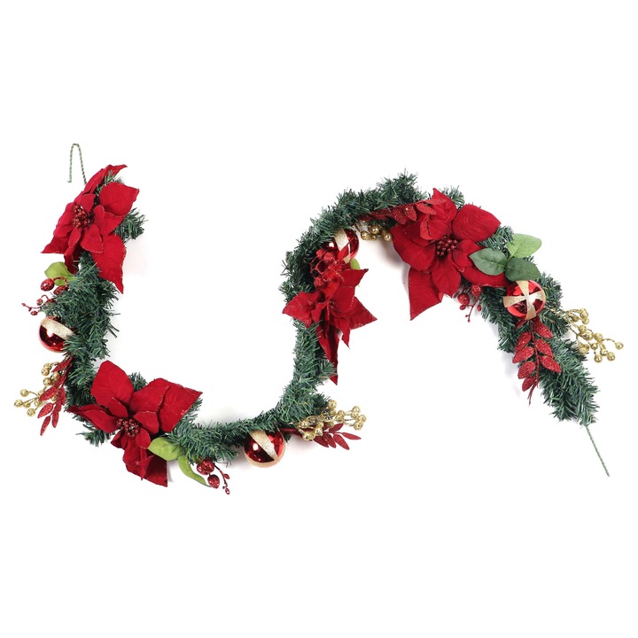 Коледен гирлянд Зелен с червени цветя и топки 1,8 м идеален за украса на дома