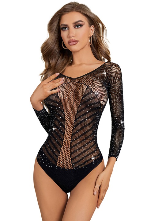 Body sexy din plasa fina accesorizat cu strasuri DLS-92272negru 93427, Negru, One Size