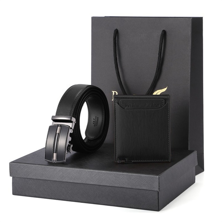 Комплект колан и портфейл, BOMSTOM, естествена кожа, черен, с RFID защита