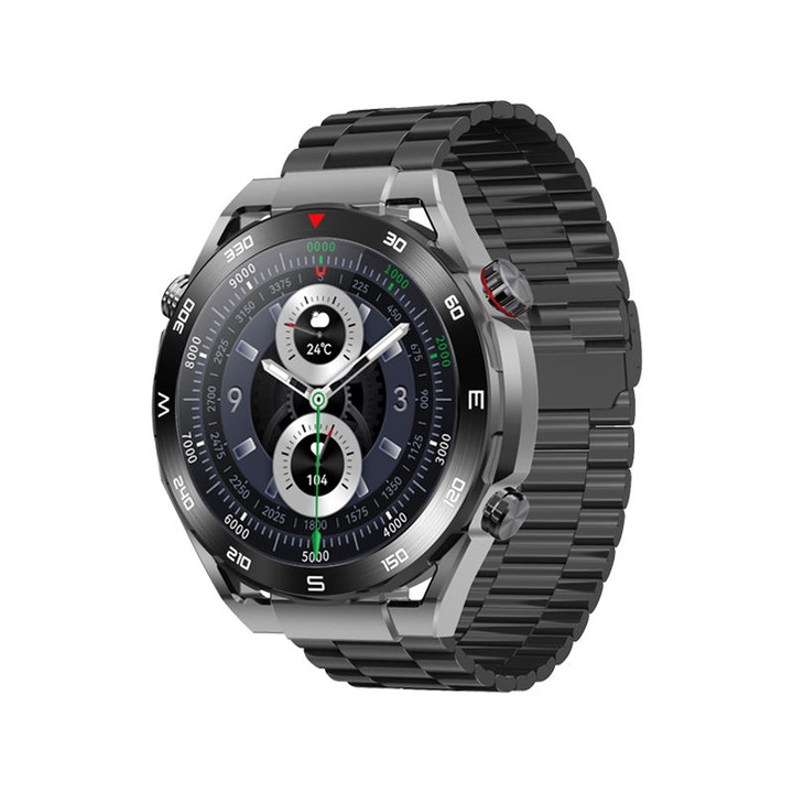 Мъжки Смарт часовник NUBI KM25, HD Дисплей, резолюция 360x360, Bluetooth разговор, Пулс, Калории, Кръвно налягане, Дистанционна камера, Черен