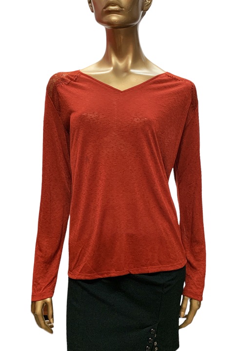 Bluza de dama, Springfield, Vascoza, decolteu in V, potrivire lejera, dantela, Maro, XL