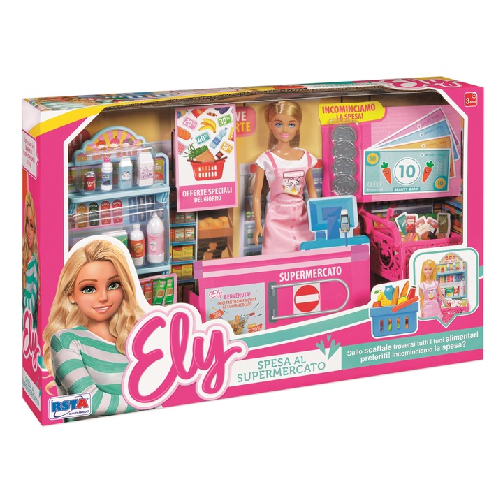 Комплект за супермаркет RS Toys, включващ щанд за продажба, каса, пазарска кошница и кукла