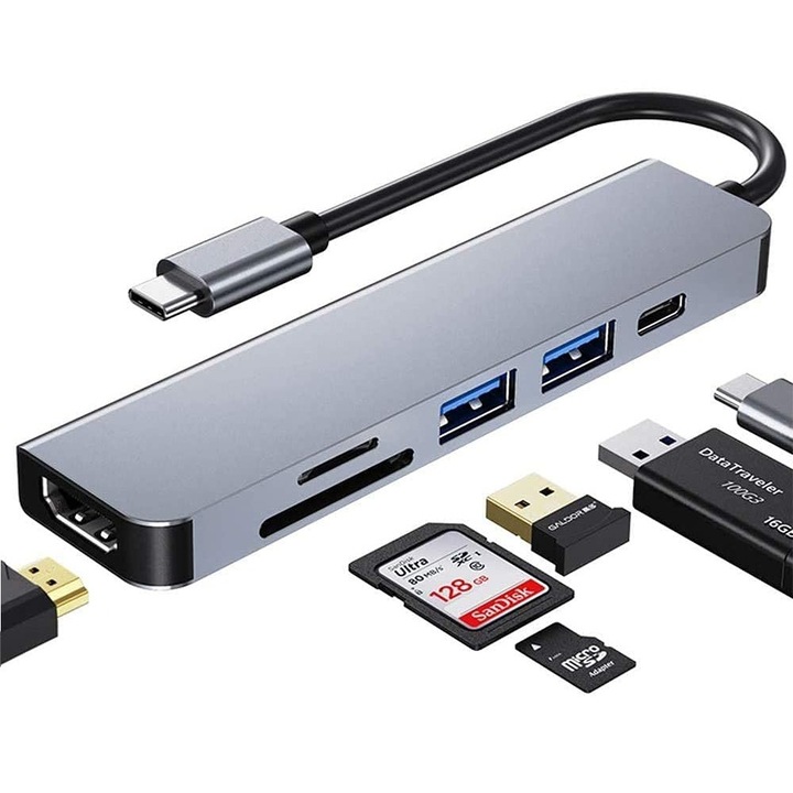 Хъб USB Type-C 6 в 1, Axeloni®, мултипорт 2 x USB 3.0 5Gbps, HDMI 4K 30Hz, четец на карти TD и SD карта, USB Type-C PD 100W, сив