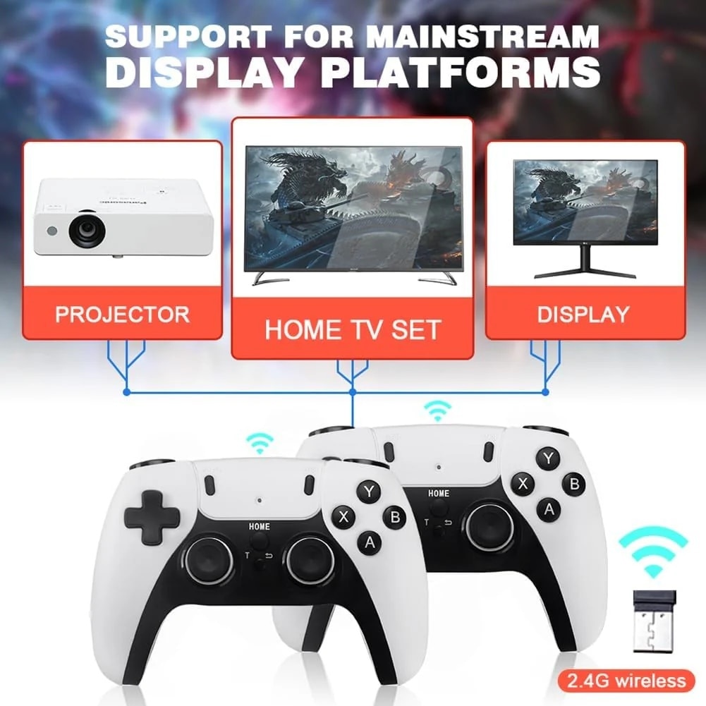 Consola tip stick cu 20.000 de jocuri video, memorie 64 GB, 2xcontroler wireless, cu cablu HDMI, alb/negru