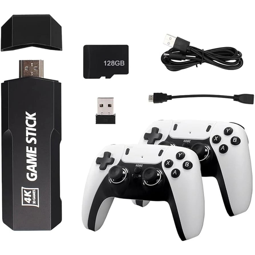 Consola tip stick cu 20.000 de jocuri video, memorie 64 GB, 2xcontroler wireless, cu cablu HDMI, alb/negru