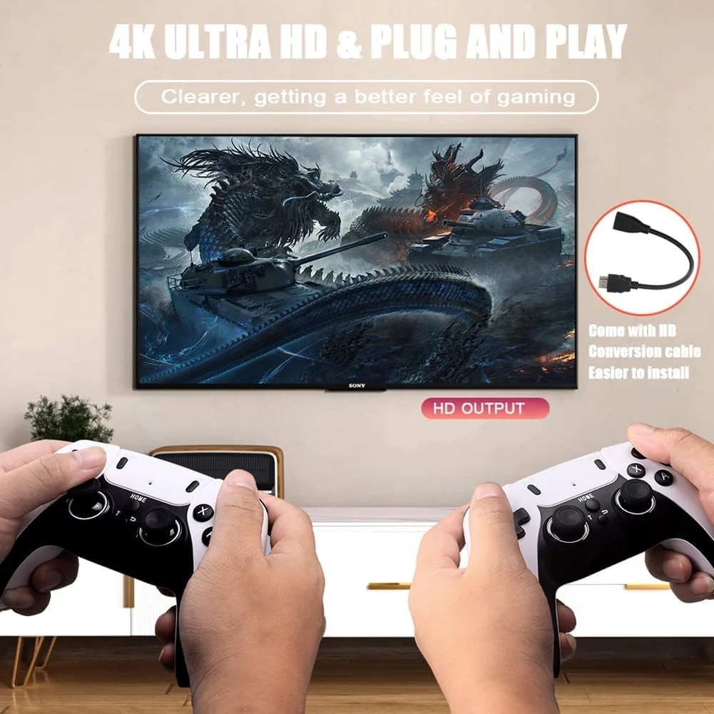 Consola tip stick cu 20.000 de jocuri video, memorie 64 GB, 2xcontroler wireless, cu cablu HDMI, alb/negru