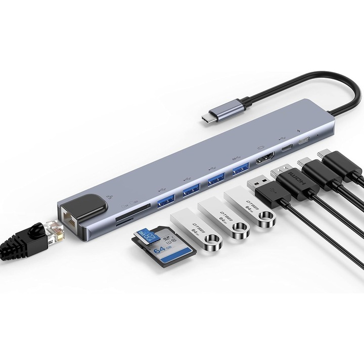 Многопортов адаптерен хъб Axeloni ® USB-C 10 в 1 към HDMI 4K / мрежов порт RJ45 100mbps / Type C порт / USB 3.0 / Мощност на доставка на порт 100 W / TF и SD четец на карти, докинг станция за лаптоп, MacBook Air/Pro, Chromebook, Таблет, сив