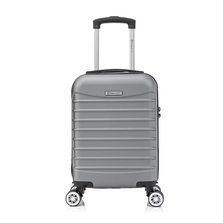 Kabinbőrönd repülőre, kézipoggyász 40x30x20 cm, LINE modell Quasar & Co.®, ABS 2.8 mm, lopásgátló cipzár, számzár, teleszkópos fogantyú, 4 dupla kerék, kivehető 360°-os forgással, 10 kg-ig, repülős bőrönd, Сребрист