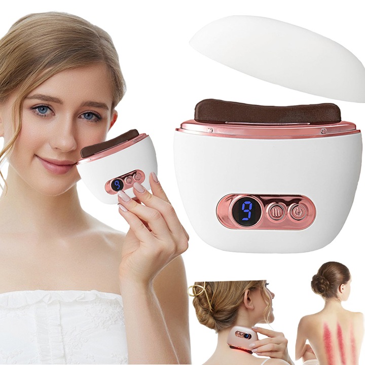 Hazelnut, Elektromos Gua Sha arc-, nyak- és testmasszázs készülék, arcszobrászat, hővel, 9 fokozatú vibráció, piros fény, stresszoldó, HA014, Fehér