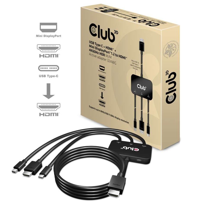 Club3D USB Type C + HDMI + MiniDisplayPort 1.2 to HDMI 4K60Hz HDR M/M Active Adapter Black, 155915, Speciális átalakító