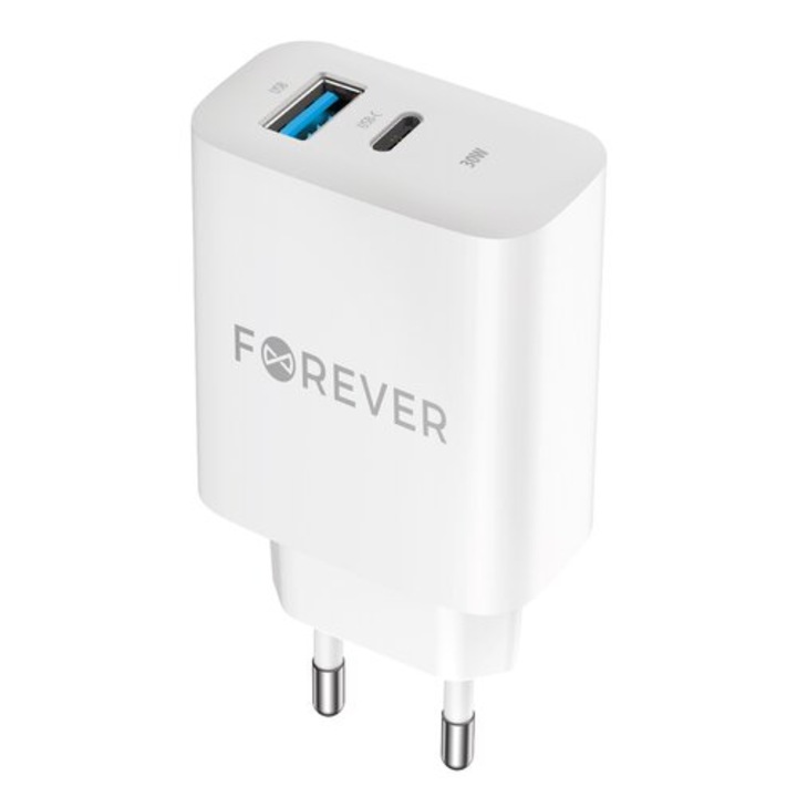 Захранващ адаптер Forever TC-07-30AC, 30W, 3A, 1 x USB-A - 1 x USB-C, бял