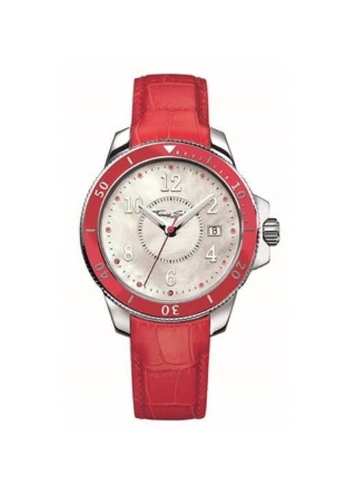Ceas dama, Thomas Sabo, Piele naturala/Otel, 44 mm, Rosu/Argintiu