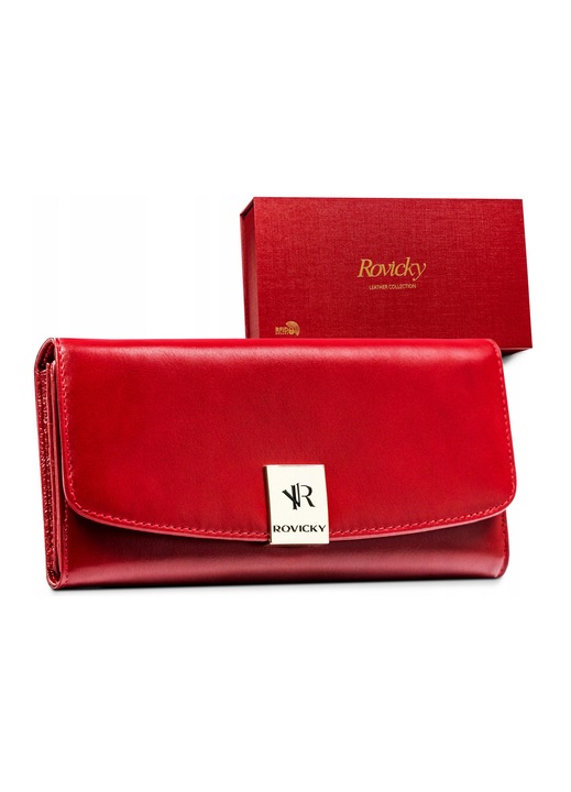 Portofel dama, Rovicky, Piele naturala, Protectie RFID, Rosu, 19 x 10 x 3.5 cm