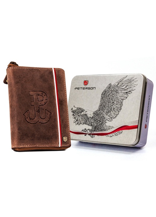 Férfi pénztárca, Peterson, Bőr, Cipzárral, Barna