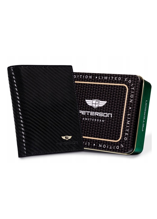 Portofel barbati, Peterson, Piele, Cutie metalica, Negru