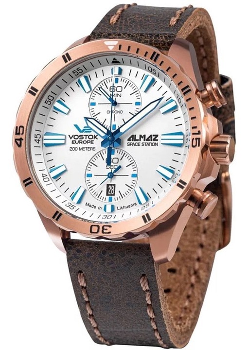 Ceas barbatesc, Vostok Europe, Inox/Piele naturala, Maro/Auriu