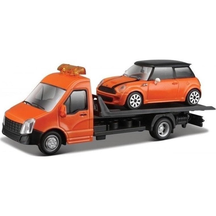 Set remorca+masina Mini Cooper, Bburago, Plastic, Portocaliu\Negru