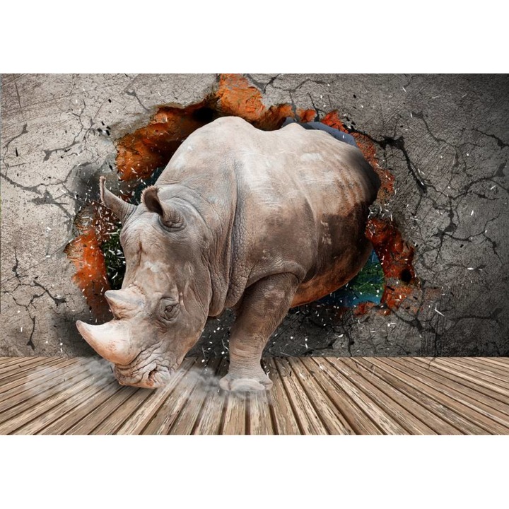 PVC öntapadó tapéta - 3D Rhino Through the Wall, 100 x 150 cm