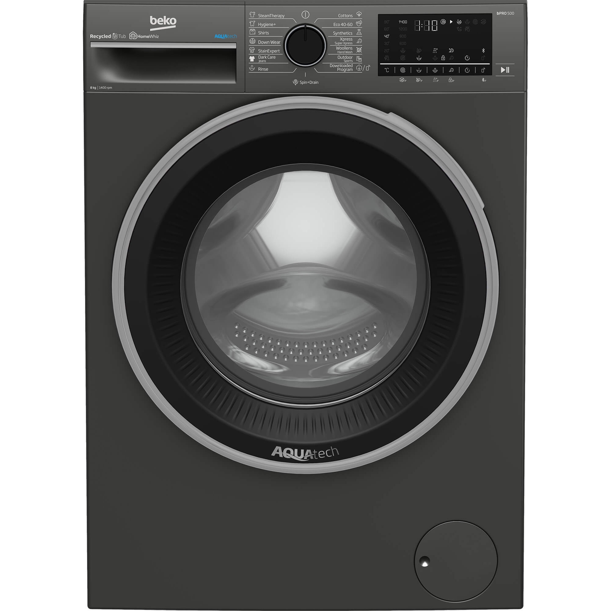Masina de spalat rufe Beko B5WFU58418, 8 kg, 1400 rpm, Clasa A, AquaTech, SteamCure, Recycled Tub, Motor ProSmart Inverter, Homewhiz through Bluetooth, AddXtra, Steam, Negru
