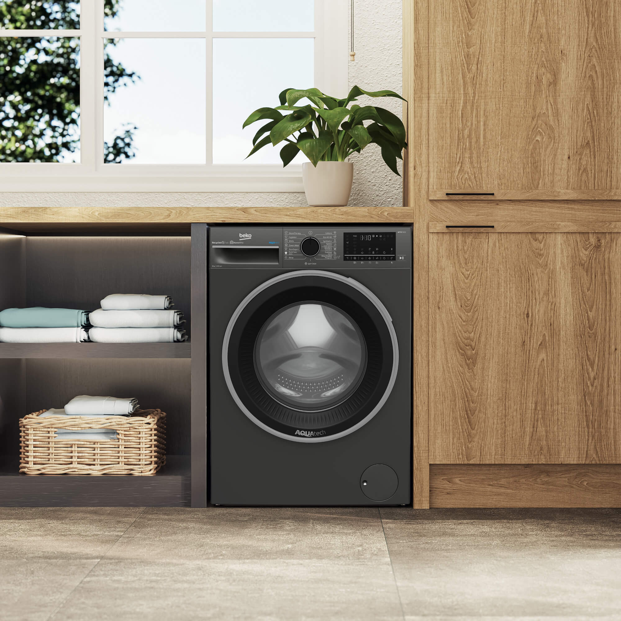 Masina de spalat rufe Beko B5WFU58418, 8 kg, 1400 rpm, Clasa A, AquaTech, SteamCure, Recycled Tub, Motor ProSmart Inverter, Homewhiz through Bluetooth, AddXtra, Steam, Negru