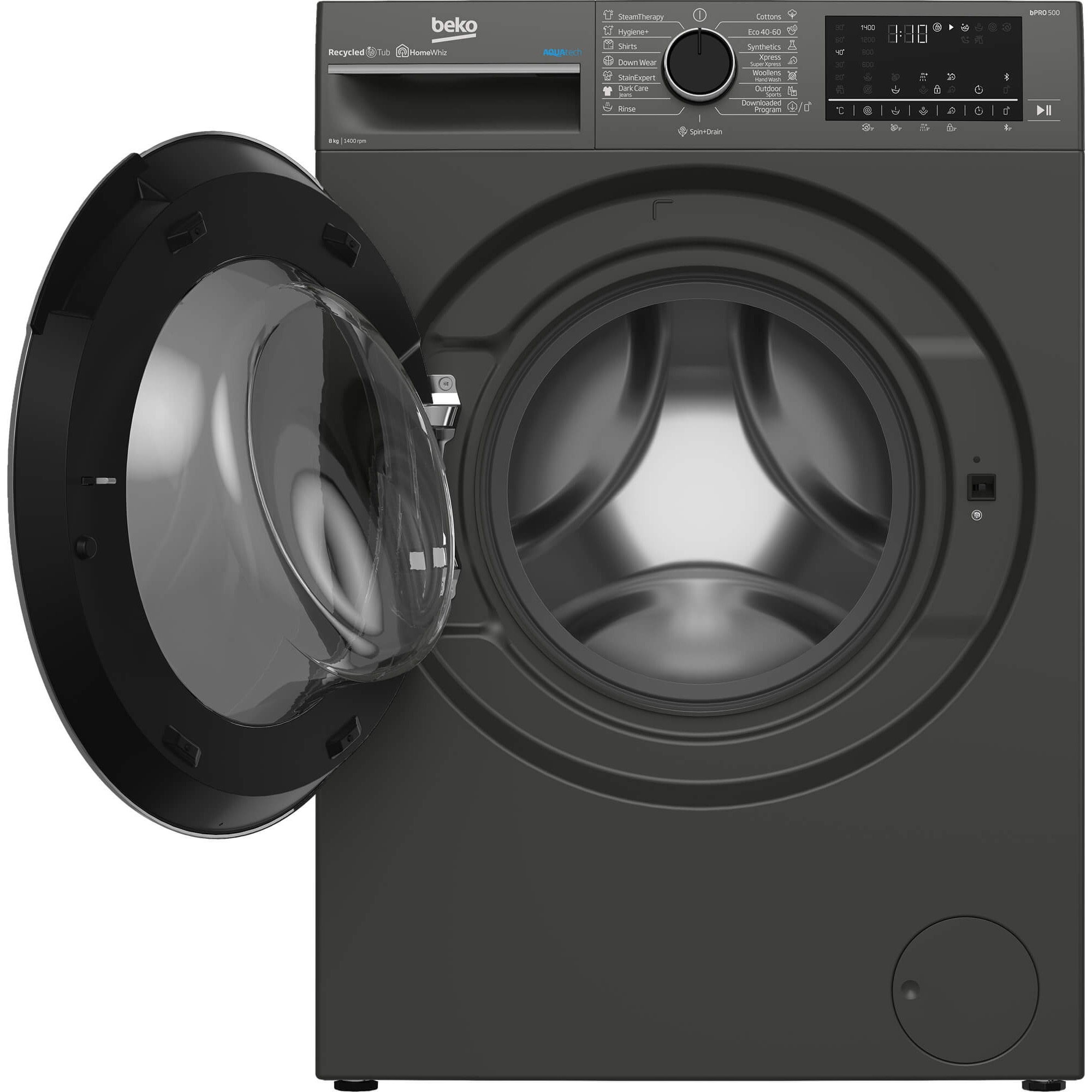 Masina de spalat rufe Beko B5WFU58418, 8 kg, 1400 rpm, Clasa A, AquaTech, SteamCure, Recycled Tub, Motor ProSmart Inverter, Homewhiz through Bluetooth, AddXtra, Steam, Negru