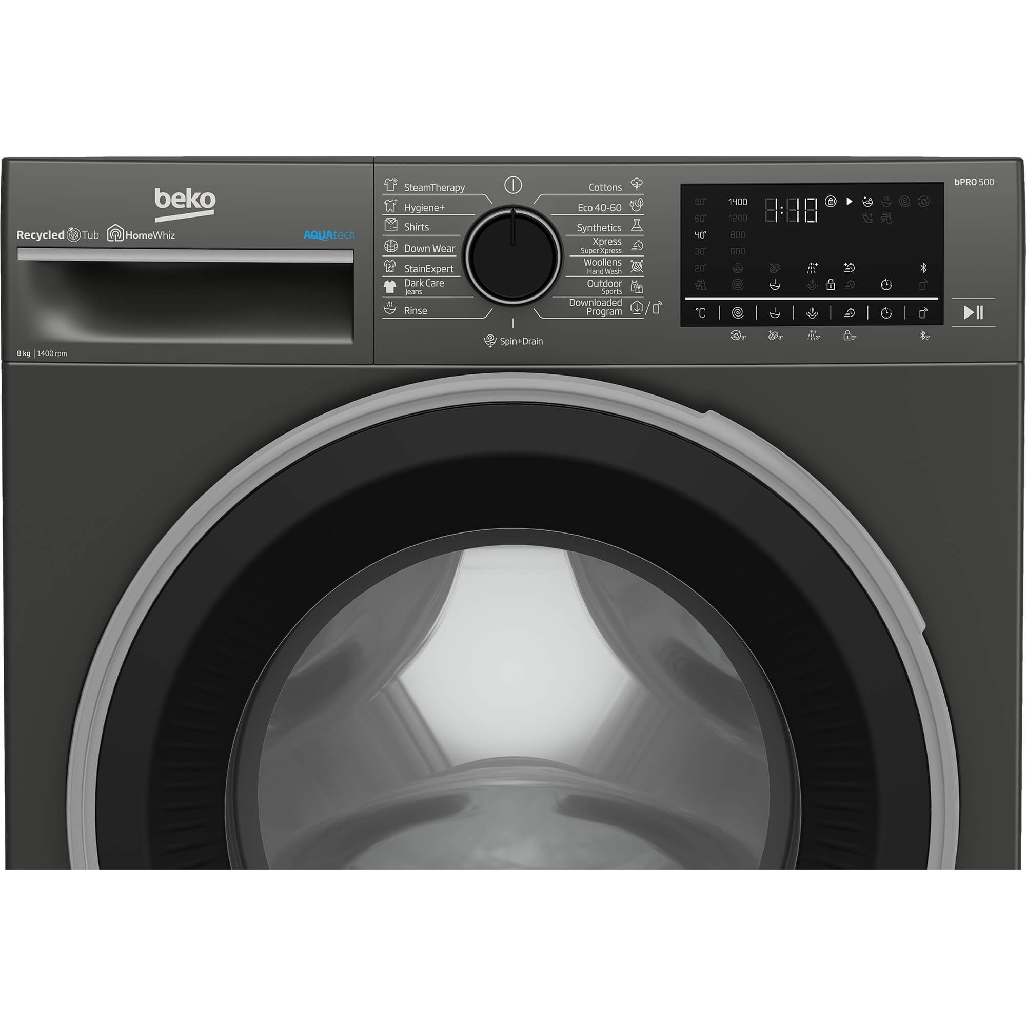 Masina de spalat rufe Beko B5WFU58418, 8 kg, 1400 rpm, Clasa A, AquaTech, SteamCure, Recycled Tub, Motor ProSmart Inverter, Homewhiz through Bluetooth, AddXtra, Steam, Negru