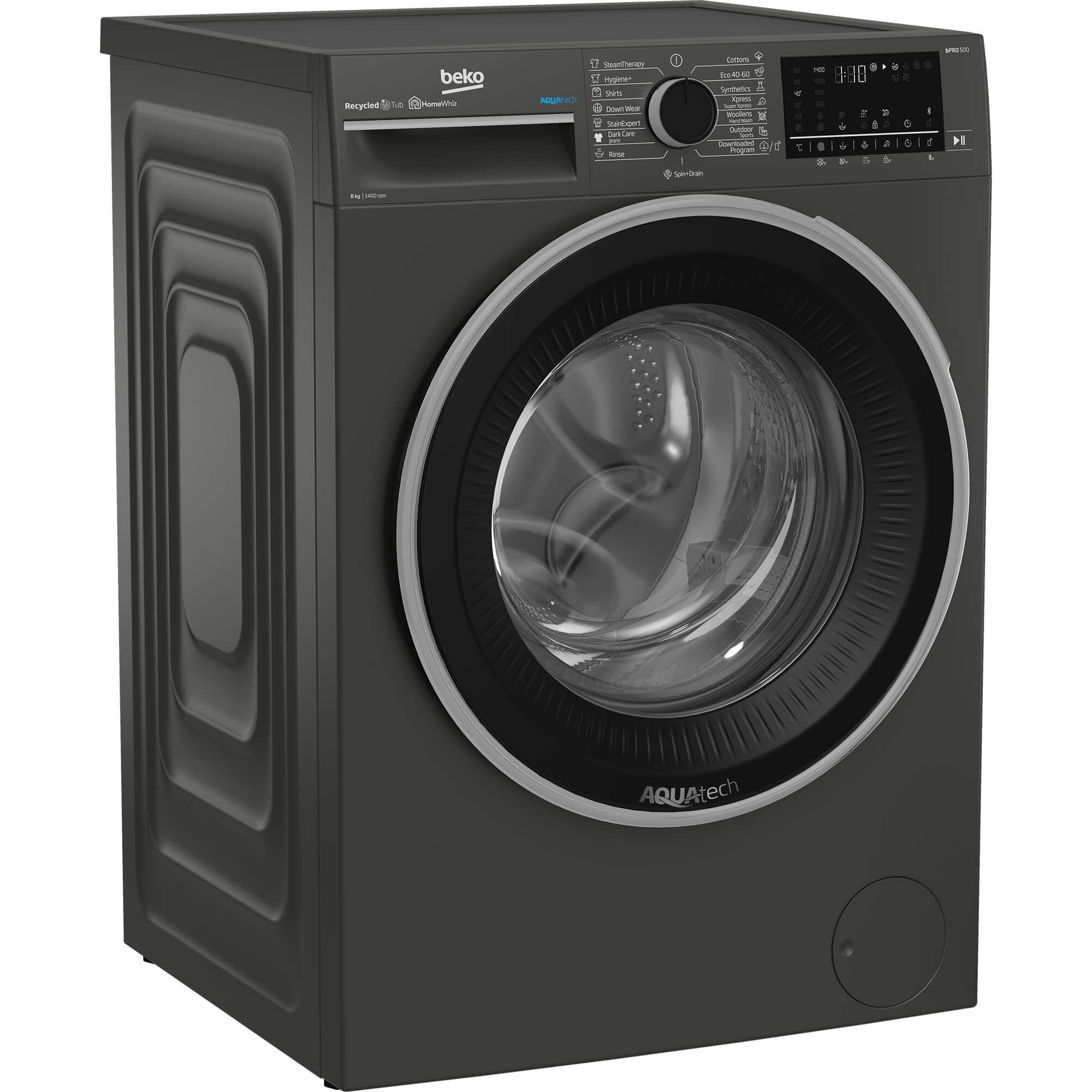 Masina de spalat rufe Beko B5WFU58418, 8 kg, 1400 rpm, Clasa A, AquaTech, SteamCure, Recycled Tub, Motor ProSmart Inverter, Homewhiz through Bluetooth, AddXtra, Steam, Negru