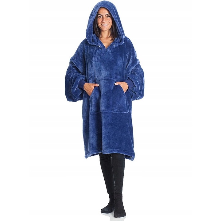 Patura cu gluga si maneci, Kanguru, Caldura, Lata, Practica, Marime universala, Poliester, 95x95 cm, Bleumarin