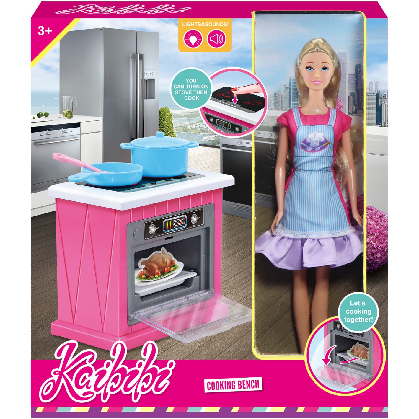 Set papusa Mappy 29 cm, cu aragaz cu ustensile, cu lumini si sunete