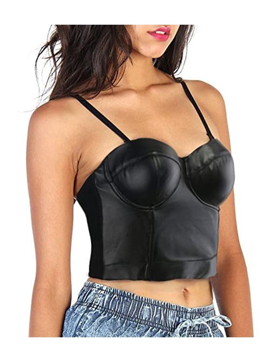 Bustiera tip corset dama, JeiibrZui, Bumbac/Piele, Negru, 38 EU
