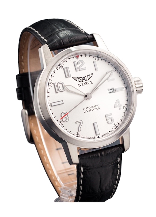 Мъжки часовник Aviator, Неръждаема стомана/Естествена кожа, Бял/Черен