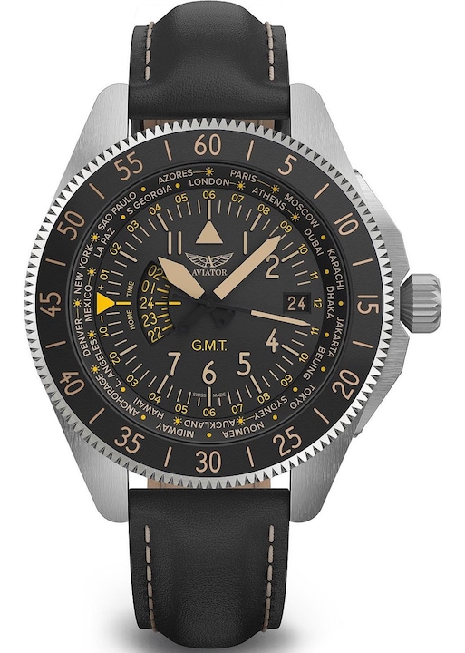 Мъжки часовник Aviator, Неръждаема стомана/Естествена кожа, Черен