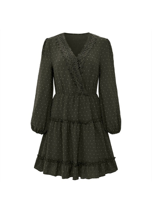 Jormftte alkalmi ruha, mini, hosszú ujjú, V-nyakú, magas derekú, zöld, puha anyag