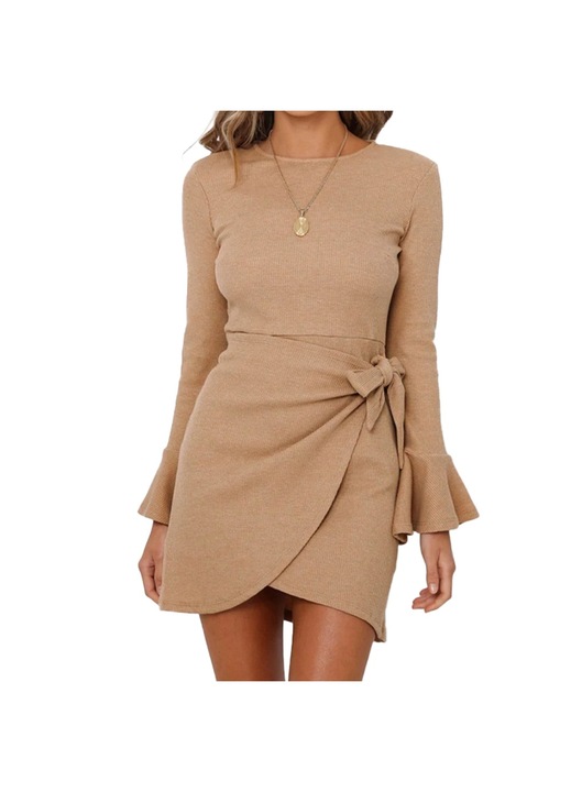 Női Jormftte bodycon miniruha, elegáns, hosszú ujjú, barna, őszi