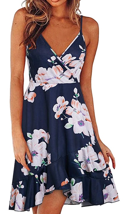 Rochie de vara florala, JeiibrZui, cu decolteu in V, ajustabila, in stil italian, poliester, multicolor, L INTL