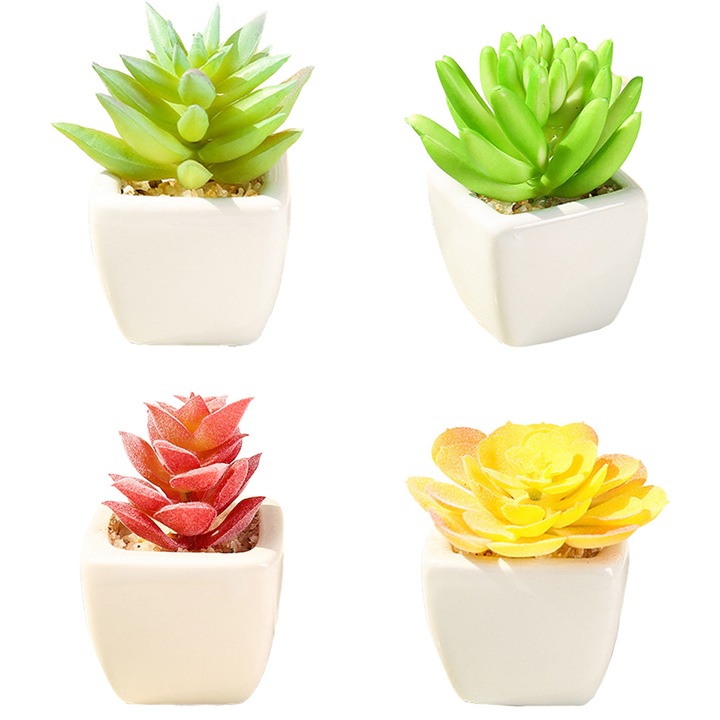 Комплект от 4 изкуствени растения QttvbTna, Сукулентни, Пластмаса, За закрито, 6 x 8 см, Многоцветни