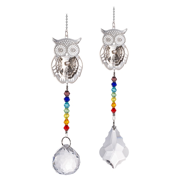 Bagoly ablakdísz színes kristályokból, 2 darabos szett, karácsonyi, esküvői dekoráció