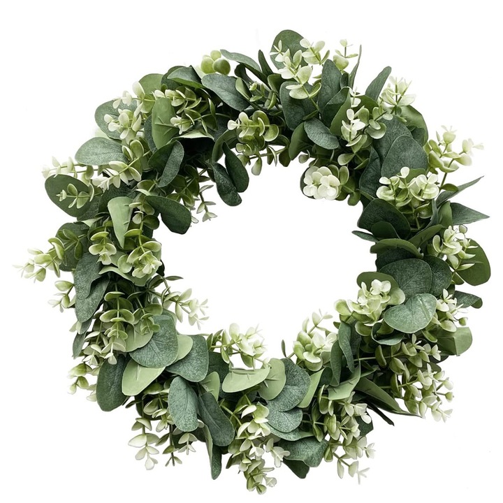 Корона от изкуствени цветя, QttvbTna, листа от евкалипт, водоустойчива, 30 см, зелено/бяло