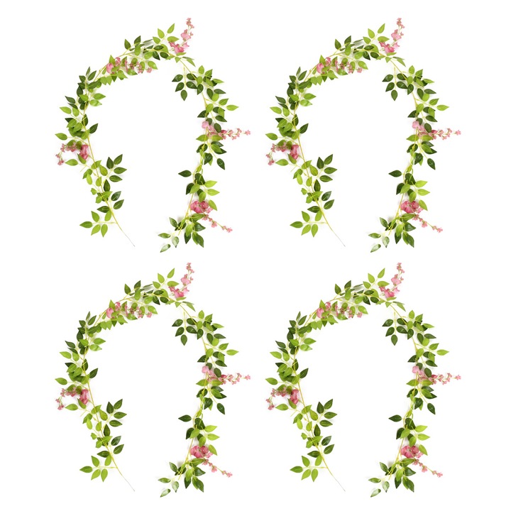 QttvbTna műfüzér, selyem wisteria virágok, esküvői dekoráció, zöld/rózsaszín, 4 db