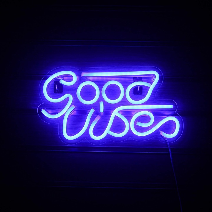 Decoratiune luminoasa LED, "Good Vibes", albastru, 33x18cm, alimentare USB