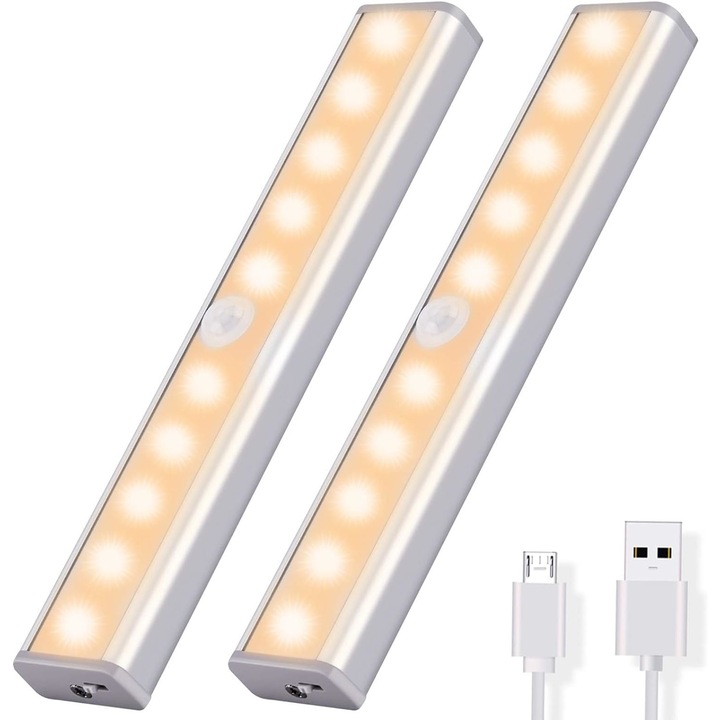 2 db QttvbTna LED lámpa készlet, mozgásérzékelő, USB újratölthető, alumínium, meleg fehér, 10 LED