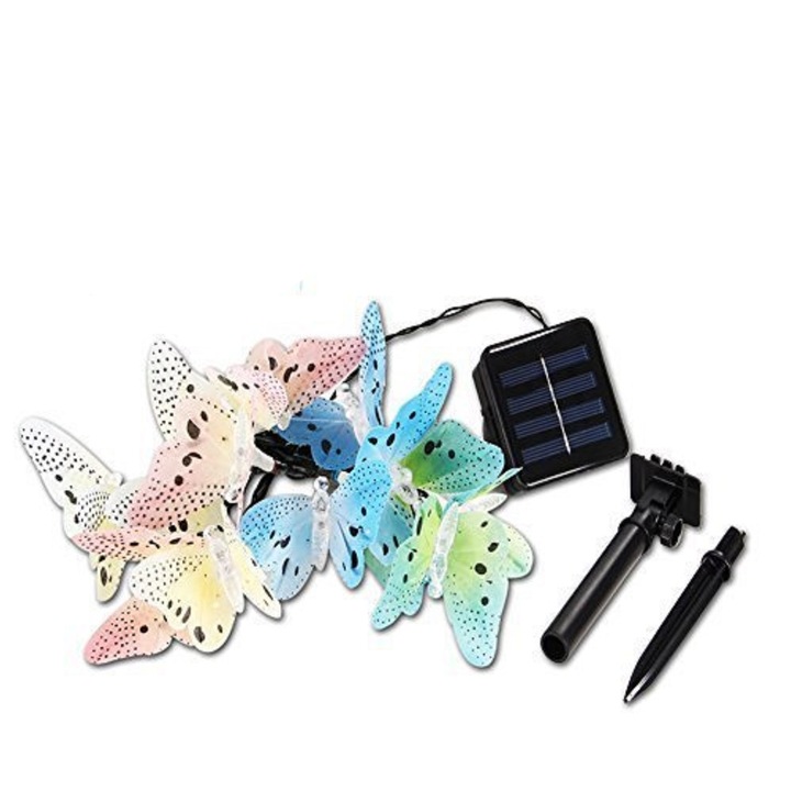 Lampa solara, tip ghirlanda, cu fluturi, pentru gradina, decor exterior, 20 LED-uri, multicolor