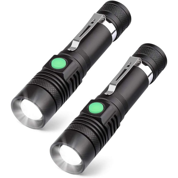 Újratölthető LED zseblámpák, 600 lumen, 4 világítási mód, IPX4 vízálló, hordozható, fekete
