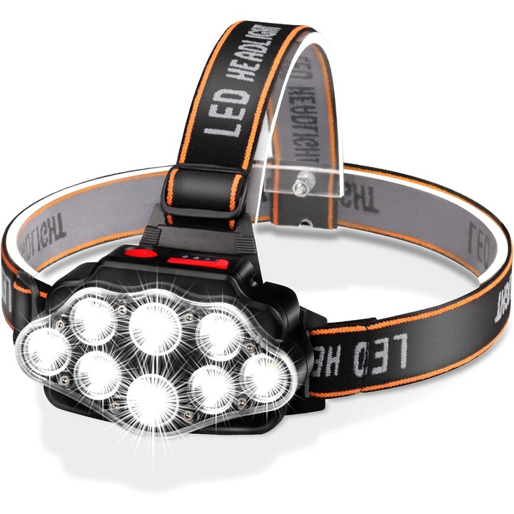 LED Fejlámpa, USB Újratölthető, Vízálló, 90°-ban Állítható Szög, Fekete, 12000lm