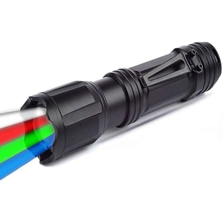 Фенерче с LED, регулируемо увеличение, 4 цвята светлина, водоустойчиво, 129 x 35 mm, черно