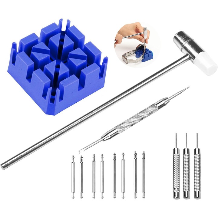 Set de scule pentru reparat ceasuri QttvbTna, cu surubelnita si ciocan, ace si pini extra, multicolor